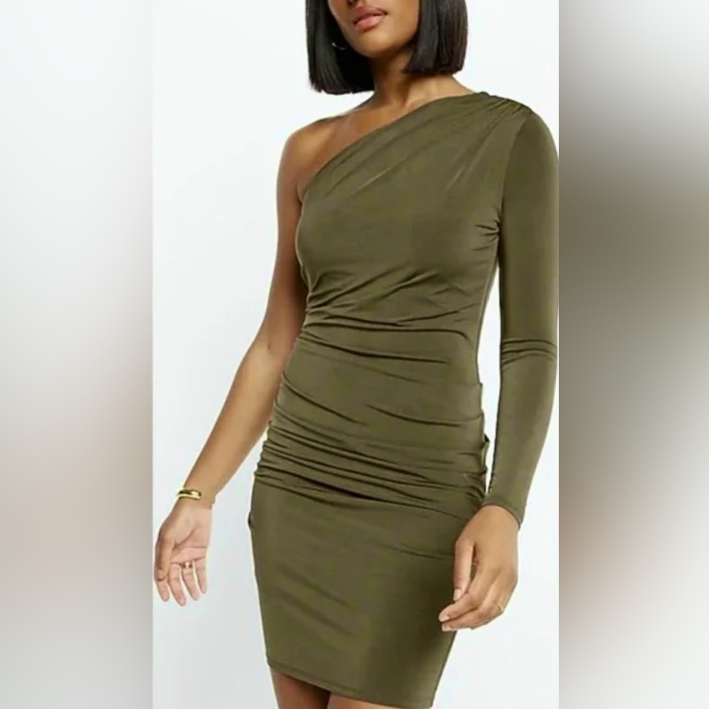 Express Body Contour One Shoulder Ruched Olive Dress
